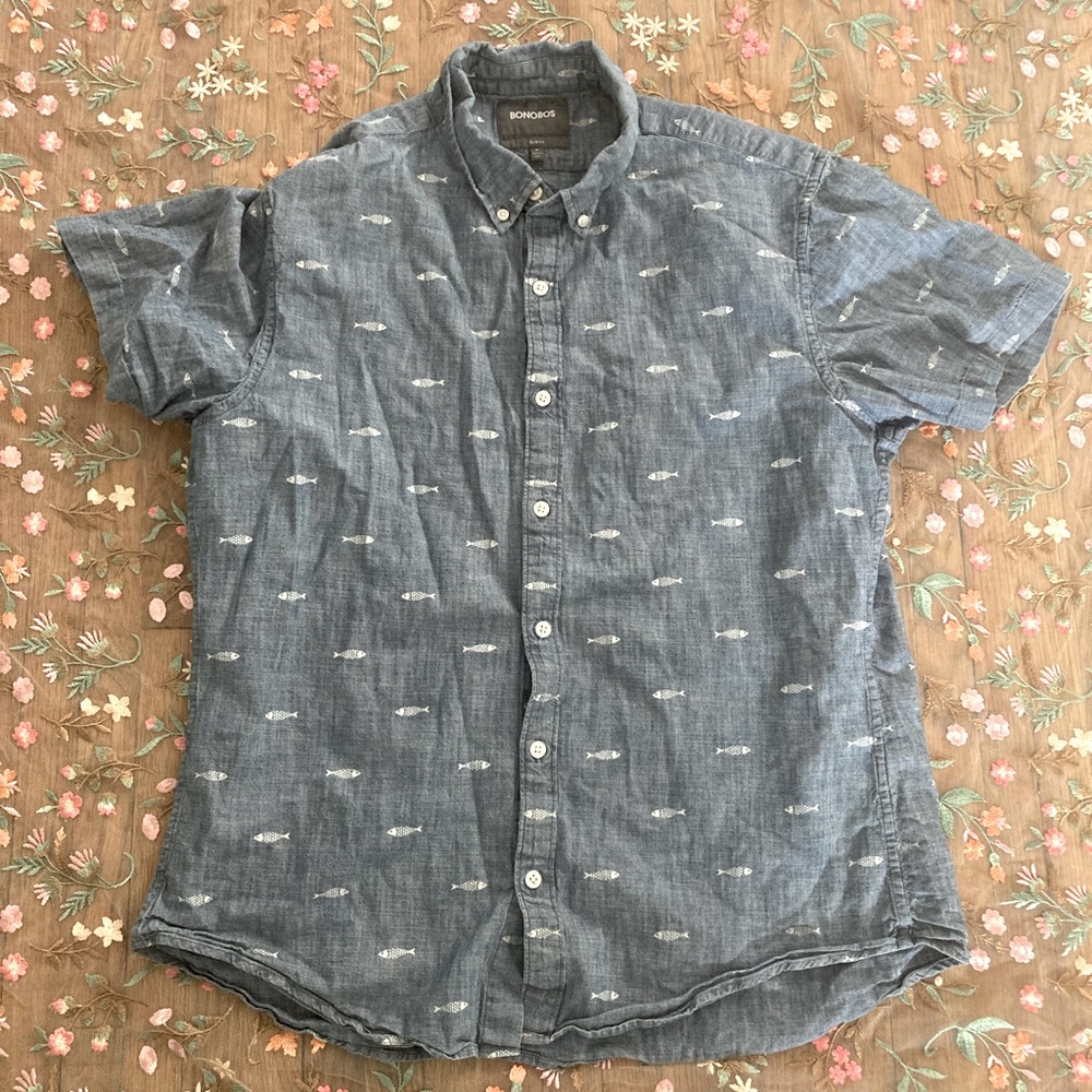 SZ L Bonobos Slim Fit Chambray Button Down Shirt with Fish